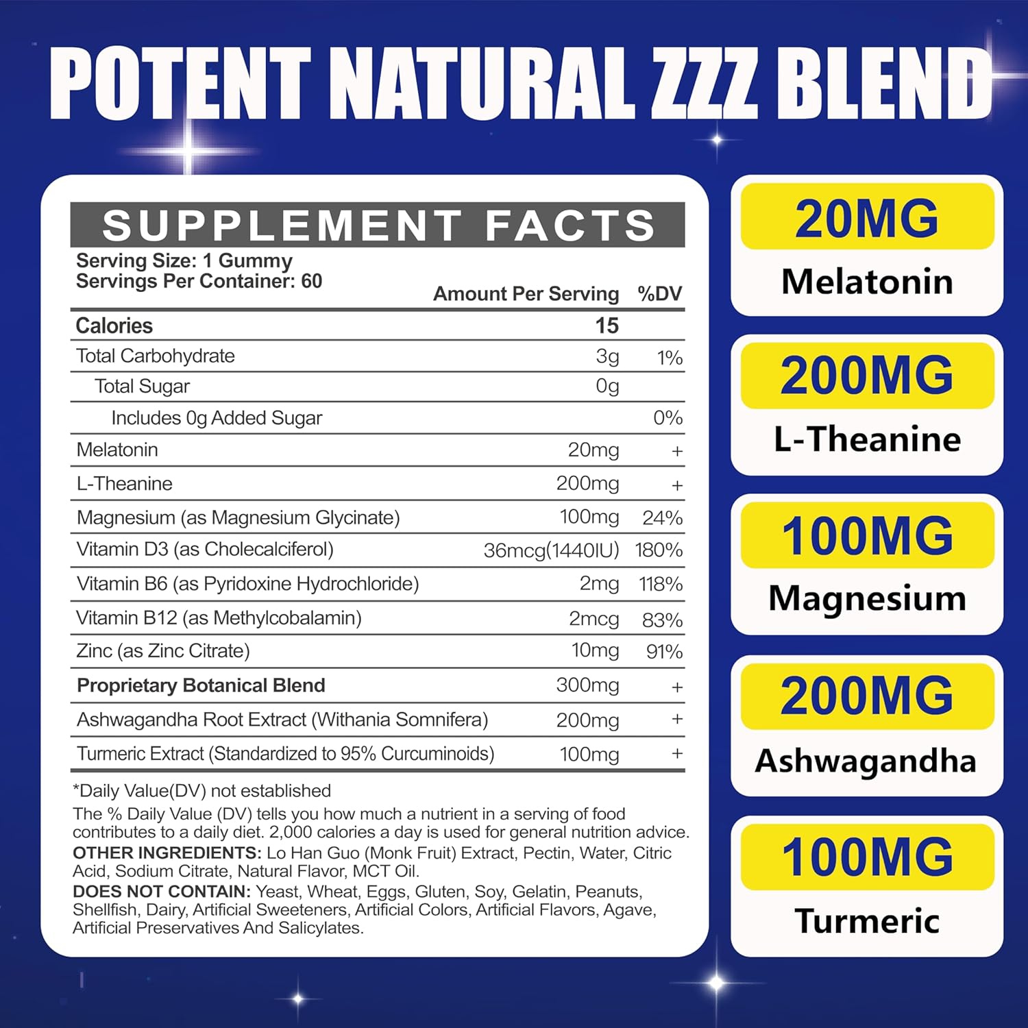 Maenniliy Melatonina 20Mg Con L-teanina, Magnesio, Ashwagandha, Cúrcuma, D3 60 Gomitas