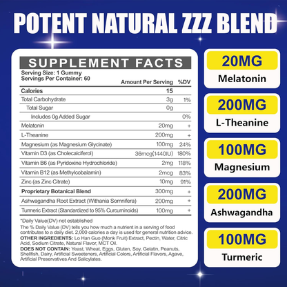 Maenniliy Melatonina 20Mg Con L-teanina, Magnesio, Ashwagandha, Cúrcuma, D3 60 Gomitas