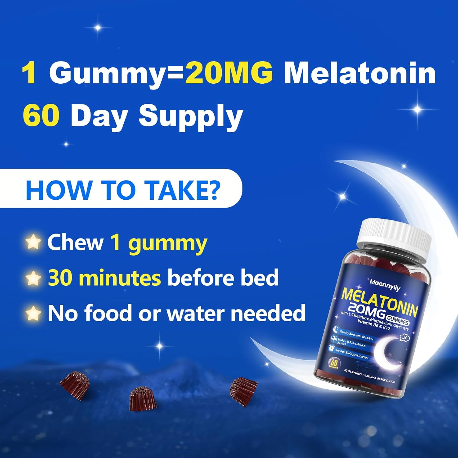 Maenniliy Melatonina 20Mg Con L-teanina, Magnesio, Ashwagandha, Cúrcuma, D3 60 Gomitas