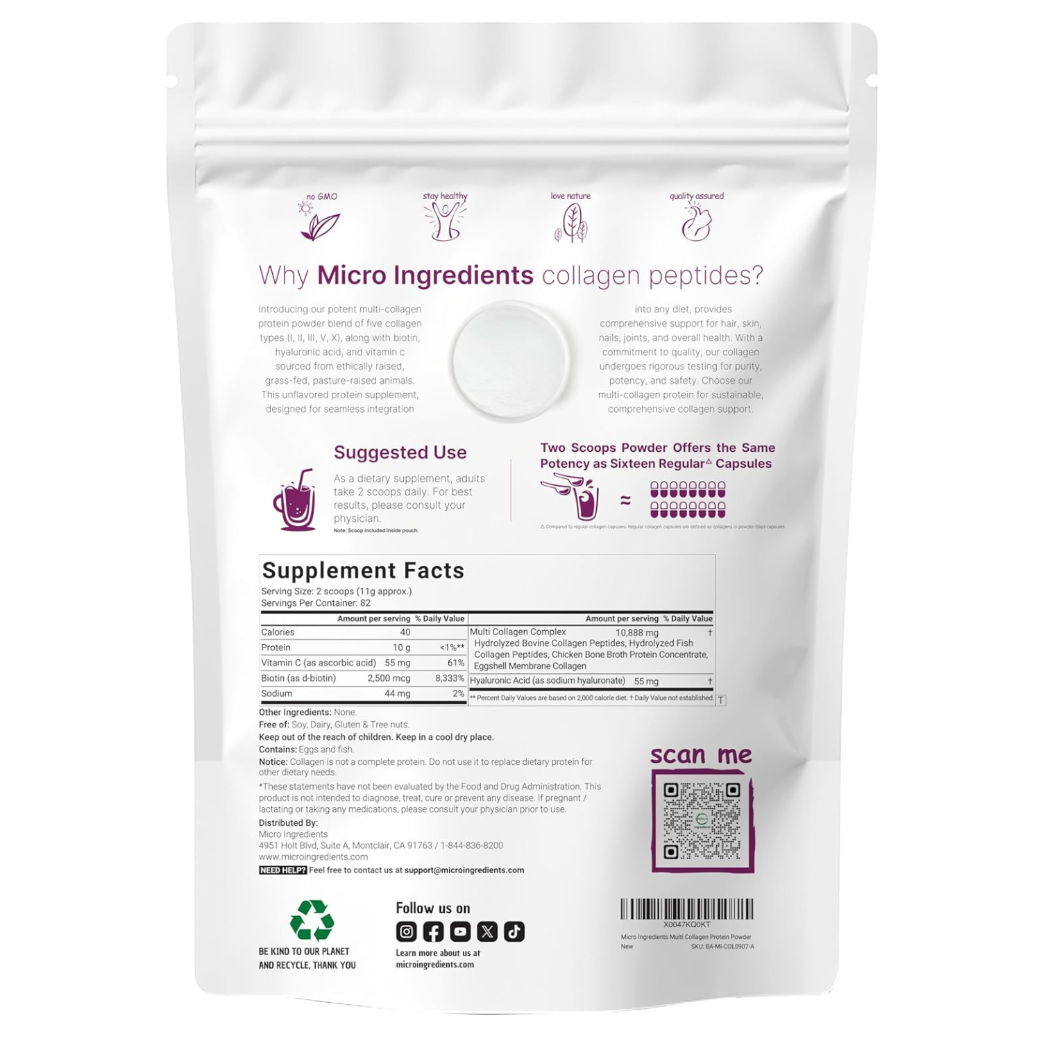 Micro Ingredients Péptidos Multicolágeno En Polvo Sabor A Chocolate 2 libras