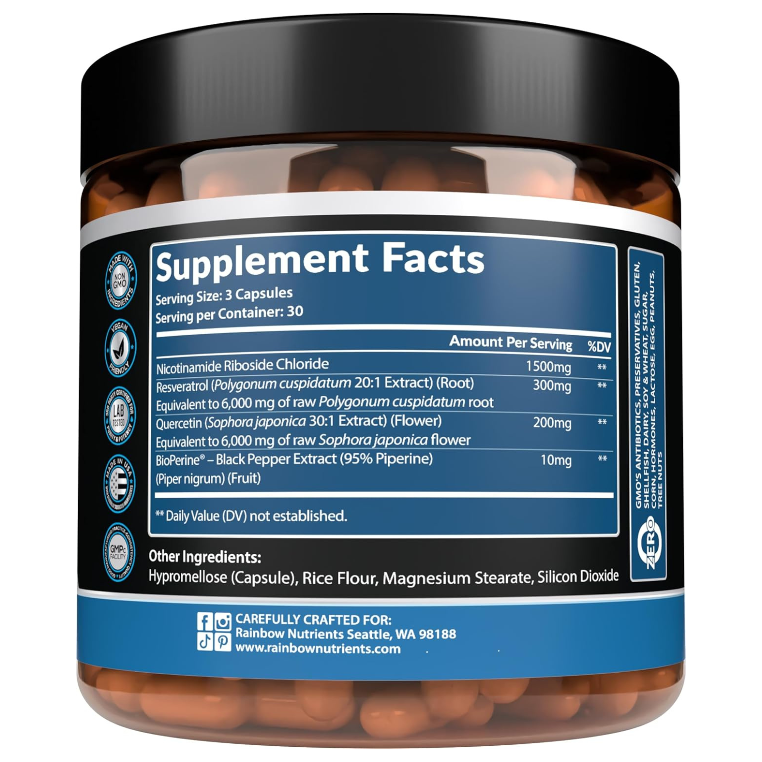 Rainbow Nutrients NAD+ Resveratrol 90 Capsulas