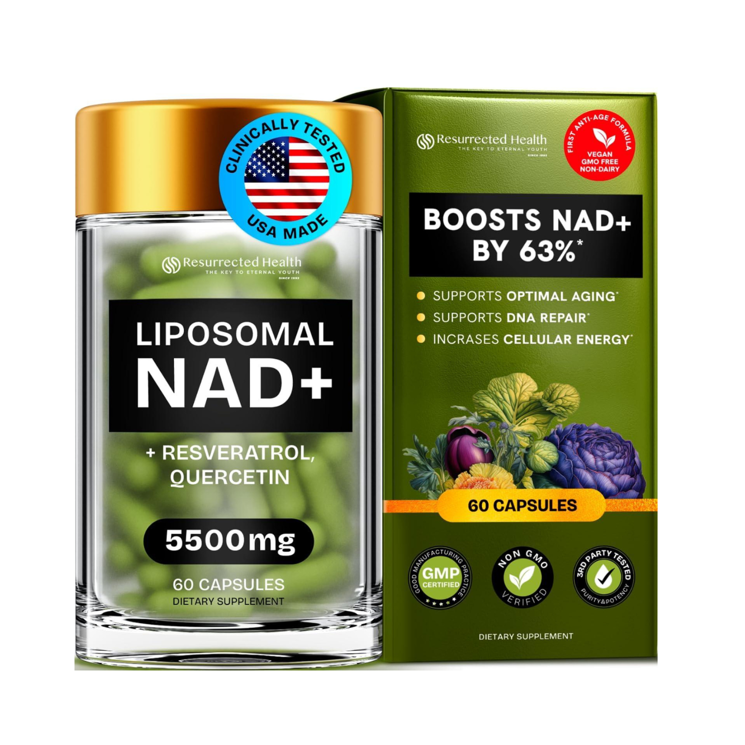  Resurrected Health con alta absorción de NAD, resveratrol, berberina y quercetina 60 Capsulas